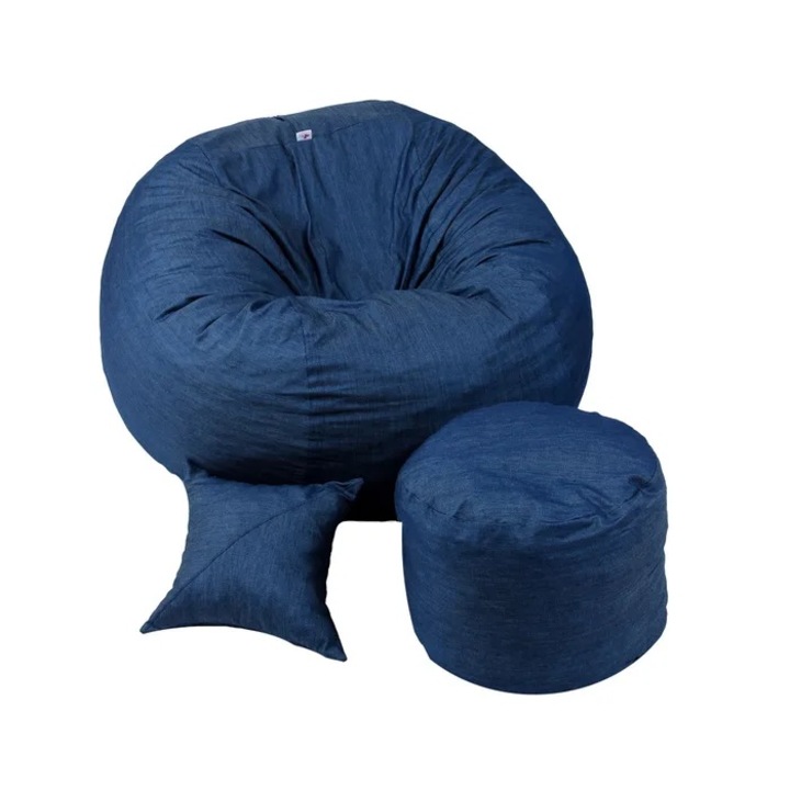 Matusalem fotel szett ottománnal (lábtartó) és Pufrelax párnával, textil anyag - Blue Denim