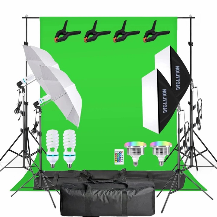Komplett stúdiókészlet 4 db 200 cm-es állvány, 2 db 150W 5500K izzó, 2 db 50W RGB LED izzó távirányítóval, 2 db softbox, 2 db zöld háttérernyő és 2 db hordtáska