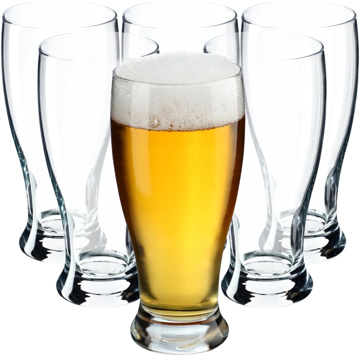 Set 6 Cani de bere din sticlă maro, capacitate 565 ml, design clasic, transparent