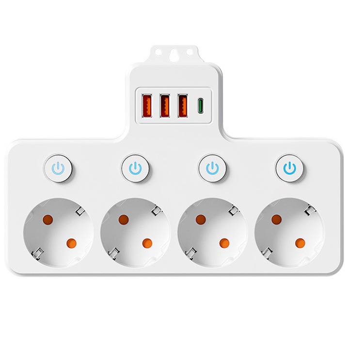 Разклонител, 2500W, 4 контакта/3 USB/1xType-C, Защита от пренапрежение, Огнеупорен материал, Множествен стенен контакт, Бял