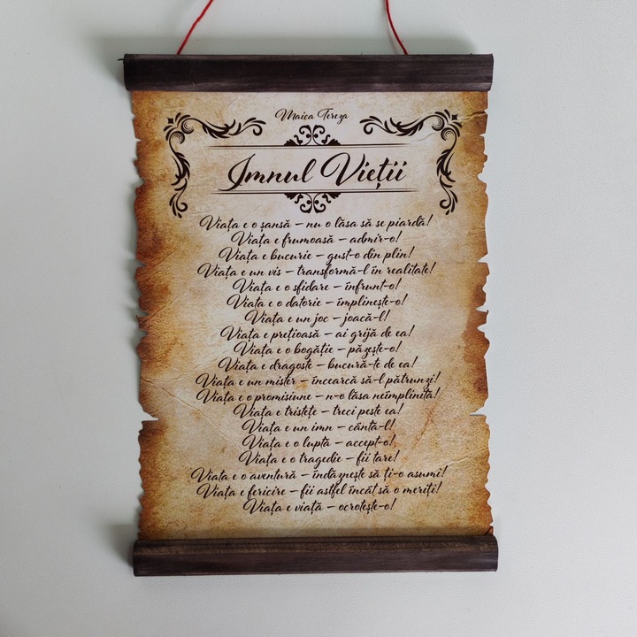 Tablou Pergament Inedit Print, Imnul Vietii, 28, 5x20cm, cu snur rosu, stil rustic