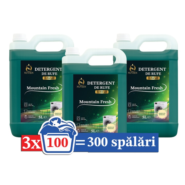 Pachet 3 x Detergent lichid pentru rufe Nuvien Mountain Fresh, cu bicarbonat, 300 spalari, 15 L