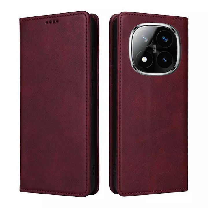 Husa pentru Xiaomi Redmi Note 14 Pro 4G Daden® Flip Leather Deluxe, Antisoc, Inchidere magnetica, Buzunar card, Calitate Premium, Visiniu