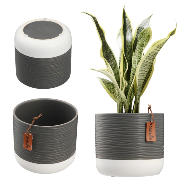 Ghiveci decorativ ceramic, gri inchis, rotund, cu striatii subtile, mare