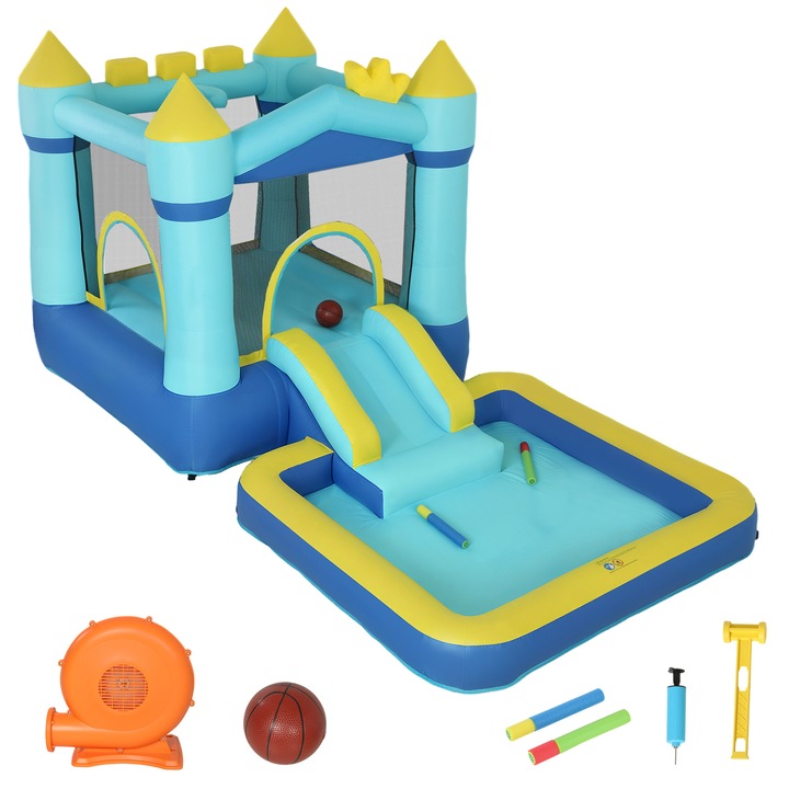 Castel gonflabil, AIYAPLAY, Albastru, 364x173x182cm, include ventilator și accesorii
