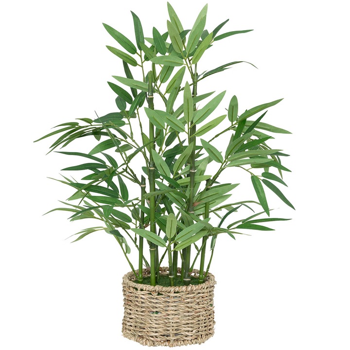 Planta artificiala bambus cu ghiveci natural, fara intretinere, ideala birou sau raft, 32x32x46 cm, verde