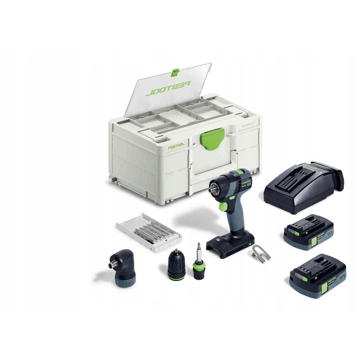Bormasina-surubelnita cu acumulator Festool TXS 18 C 3,0-Set, 18 V, acumulator 3.0 Ah, fara perii (brushless), set cu 2 baterii si incarcator, Systainer inclus, verde/gri, 1 set