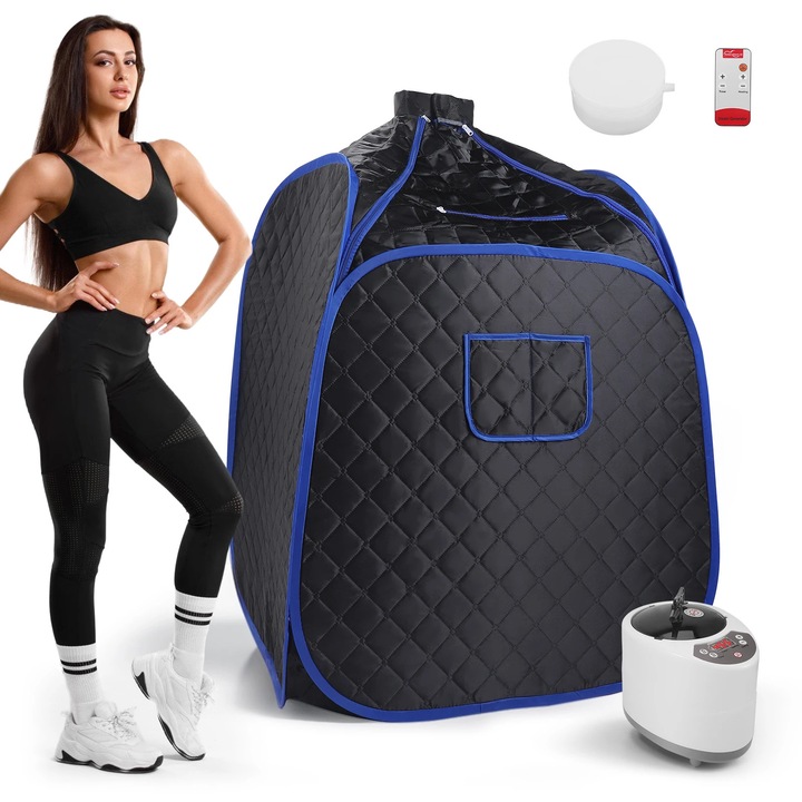 Sauna cu aburi portabila, Cort de sauna pliabil, Capacitate 2, 6 l, Incalzire rapida, Noua trepte de temperatura, Telecomanda, Oprire automata 45 min