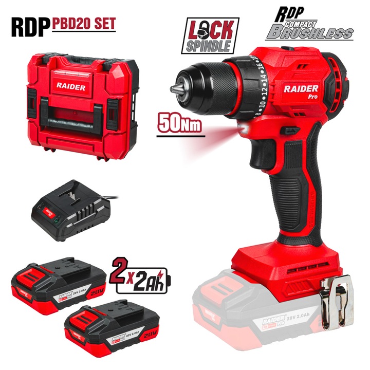 R20 Masina de gaurit si insurubat 20V 2x2.0Ah 50Nm RAIDER RDP-PBD20