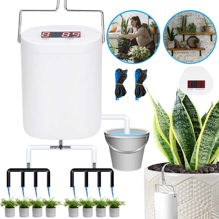 Sistem de Irigare Automat, Kit sistem de udare a plantelor.Pentru 8 ghivece.2000mAh, USB, Baterie litiu reincarcabila de 3, 7 V, Durata 2 luni.Ecran inteligent, Prevenirea scurgerilor.1000mL/min.Accesorii complete si instalare usoara.Interior/Exterior