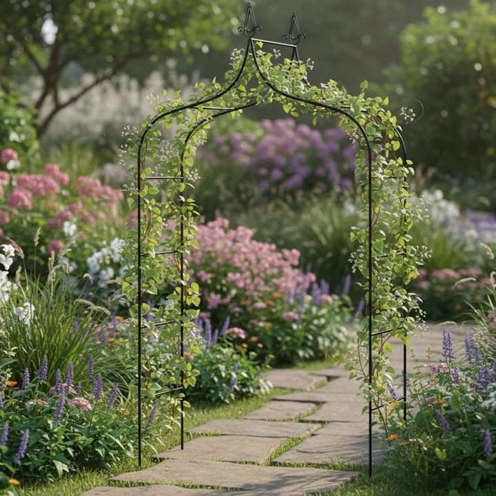 Pergola gradina metalica cu varfuri decorative, otel vopsit cu pulbere, 150x37x240 cm, negru