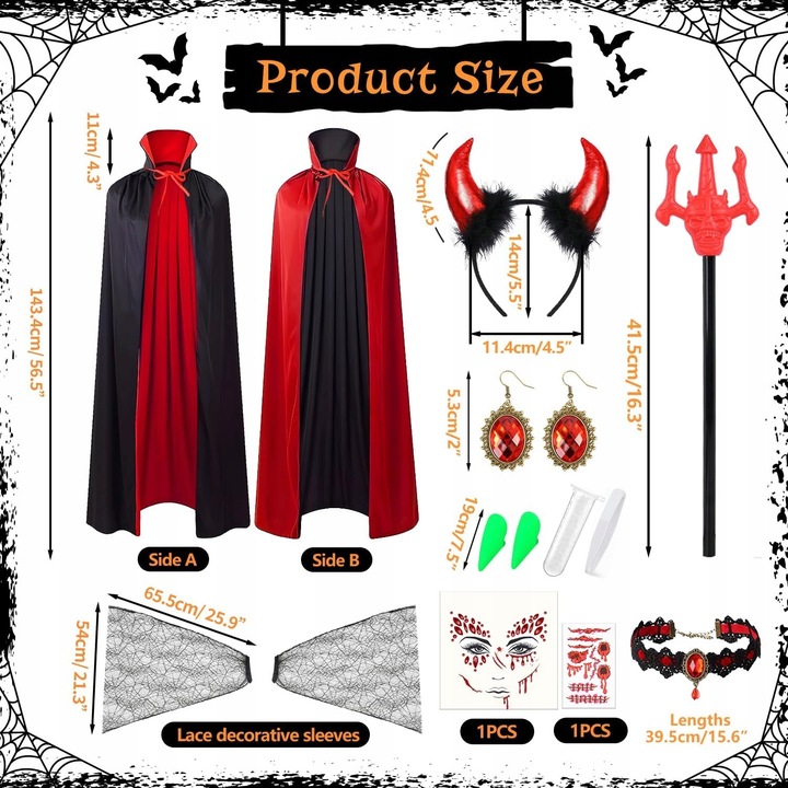 Costum Diavol Vampir pentru Femei, Set Accesorii Halloween, Multicolor