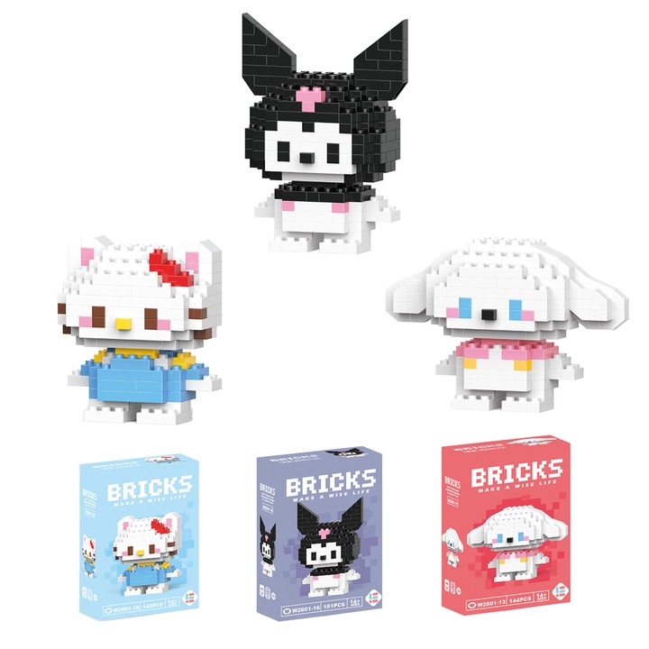 Комплект от 3 играчки за конструиране Micro Bricks, 142-151 части, 3D фигурки на животни, цветни
