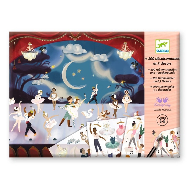 Set creativ de transfer Balet, Djeco, 3 planse ilustrate 21x30cm, multicolor