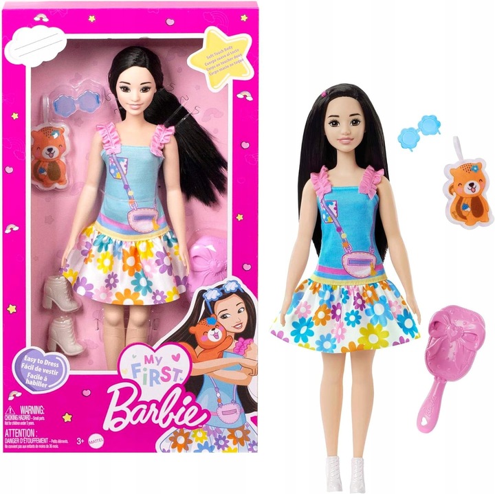 Papusa Barbie Renee, rochie cu imprimeu, maneci bufante, accesorii, set, 30cm