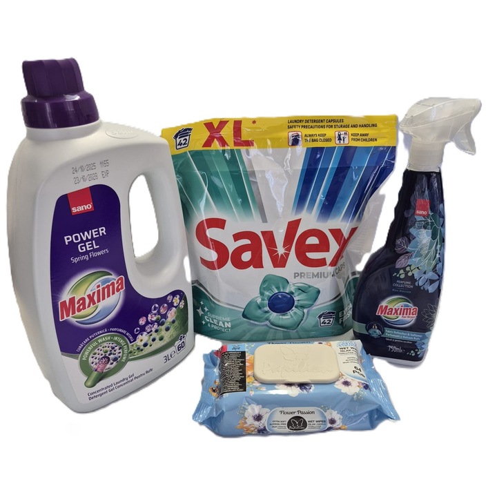 Sano Maxima 3l gél mosószer csomag + Savex 42 db kapszulás mosószer + Sano Maxima 750ml spray öblítő + 64 db nedves törlőkendő/csomag ajándék