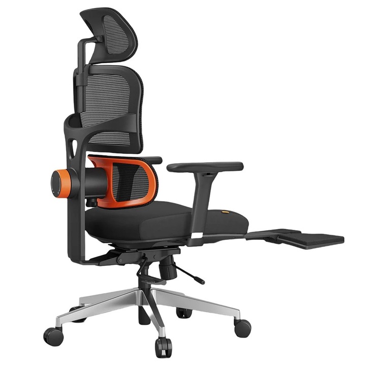 Scaun de birou ergonomic, NT002, Suport pentru picioare, Suport lombar adaptiv, Spatar si tetiera cu adaptare automata, Reglaj pe inaltime, Pivotant cu roti, Negru
