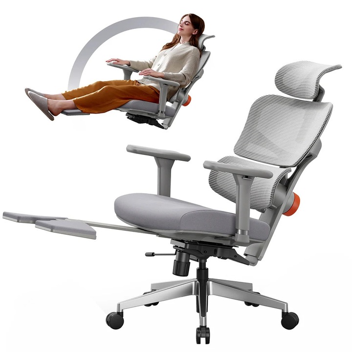 NT002, Ergonomikus irodai szék, Adaptív deréktámasz, Lábzsámoly, 4 pozícióban dönthető háttámla, Állítható fejtámla és kartámaszok, Állítható magasság, 360°-ban forgatható kerekekkel, Szürke