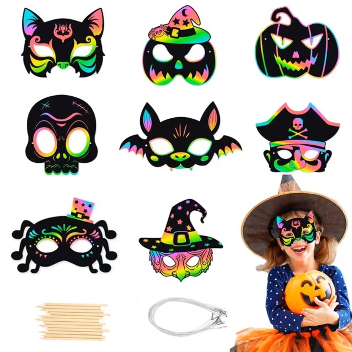 Set de 16 masti de Halloween curcubeu, DIY, diverse modele, cu snururi elastice, carton, multicolor