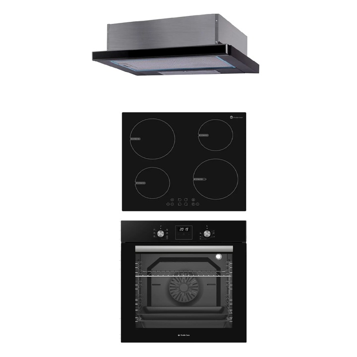 Pachet incorporabil Muna Black Glass Studio Casa, Cuptor electric multifunctional, plita inductie si hota telescopica, Sticla neagra