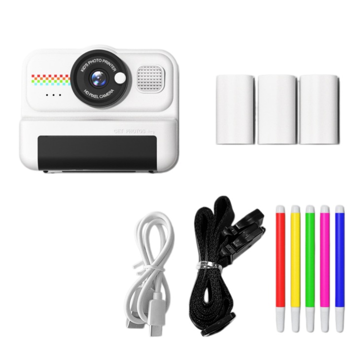 Aparat foto instant pentru copii, ORBER, alb, 12 megapixeli, 64GB, 8x9x4cm