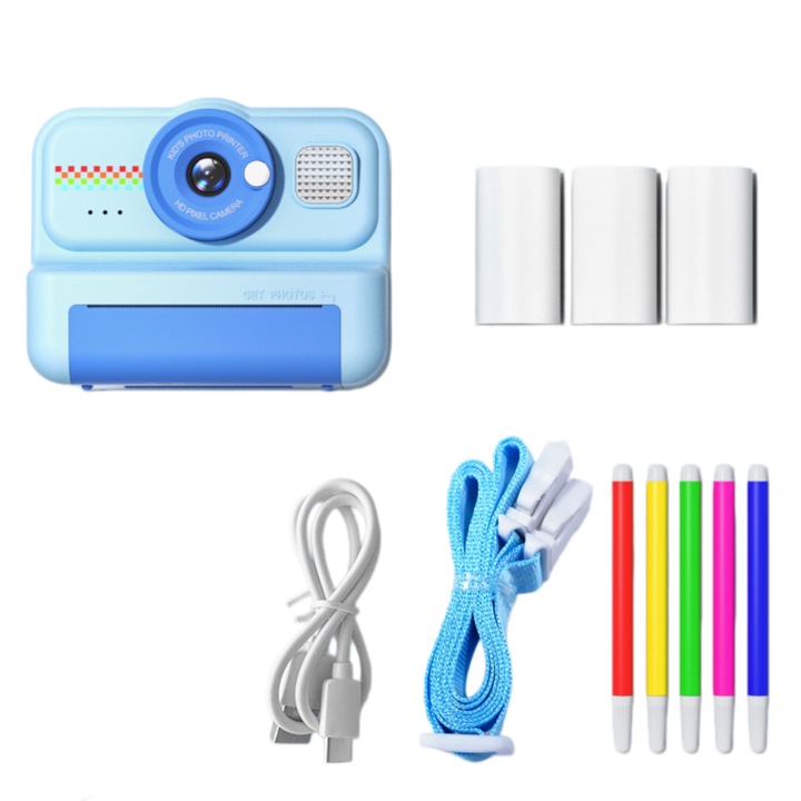 Aparat foto instant pentru copii, ORBER, 1200 megapixeli, zoom digital 10x, albastru, 8x9x4cm