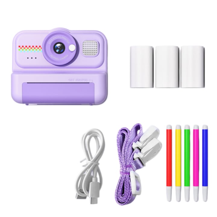 Aparat foto instant pentru copii, ORBER, 1200 megapixeli, zoom digital 10x, Violet, 8x9x4 cm