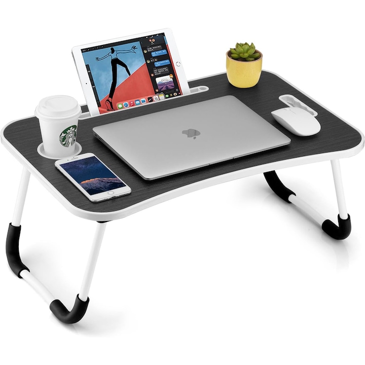 NextWave® Masa Portabila si Pliabila pentru Laptop 60×40 cm, Birou Lap Table pliabil cu Perna, Suport Pahar & Slot Tableta, maner de transport, picioare antiderapante – ideal pentru pat, canapea, birou, culoare Negru
