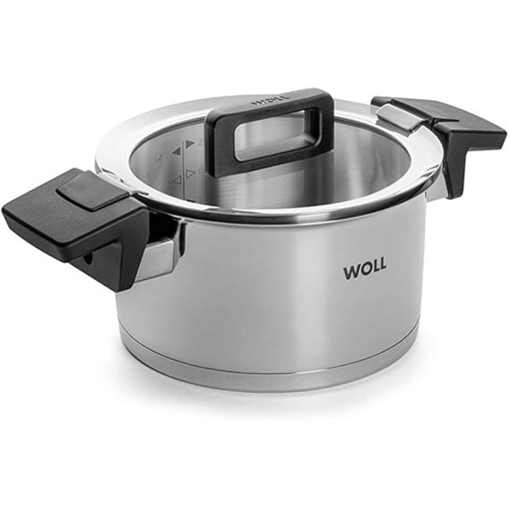 Oala de gatit Woll 118NC Concept, din otel inoxidabil, compatibila cu inductie, diametru 18 cm, inaltime 10 cm, capacitate 2, 5 L, cu capac multifunctional din sticla