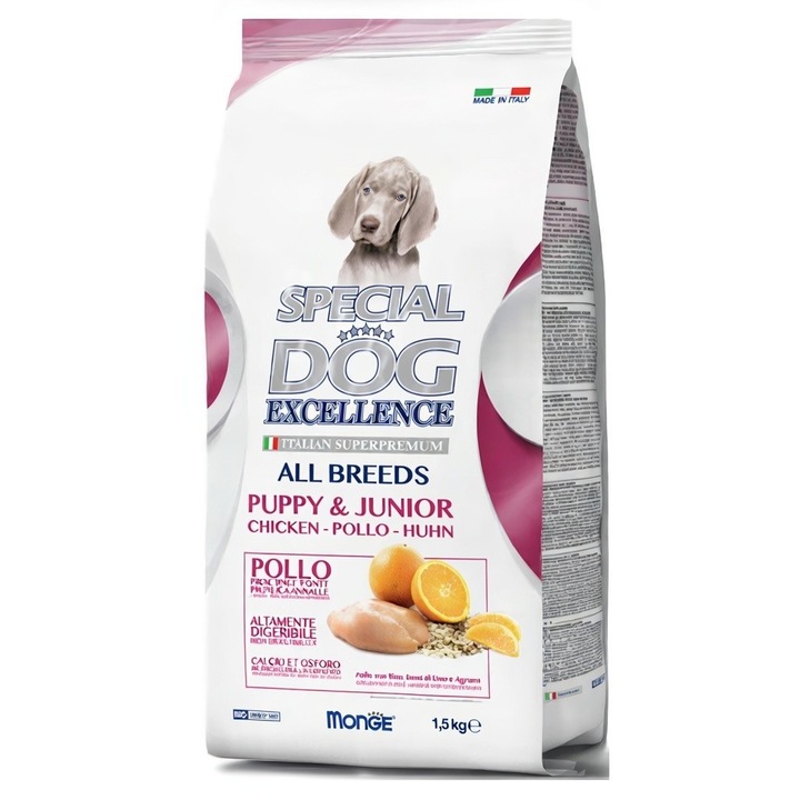 Hrană pentru câini, Monge, Special Dog Excellence Puppy & Junior, pui, 1.5kg