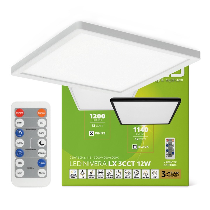 LED mennyezeti lámpa 12W IP54, mozgásérzékelővel, fehér, Laitica