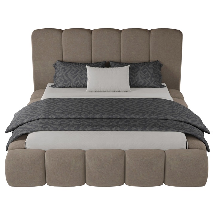 Pat dublu tapitat Nuvole Premium, cadru lemn si pal, 140x200 cm, velvet, maro deschis, cu somiera fixa