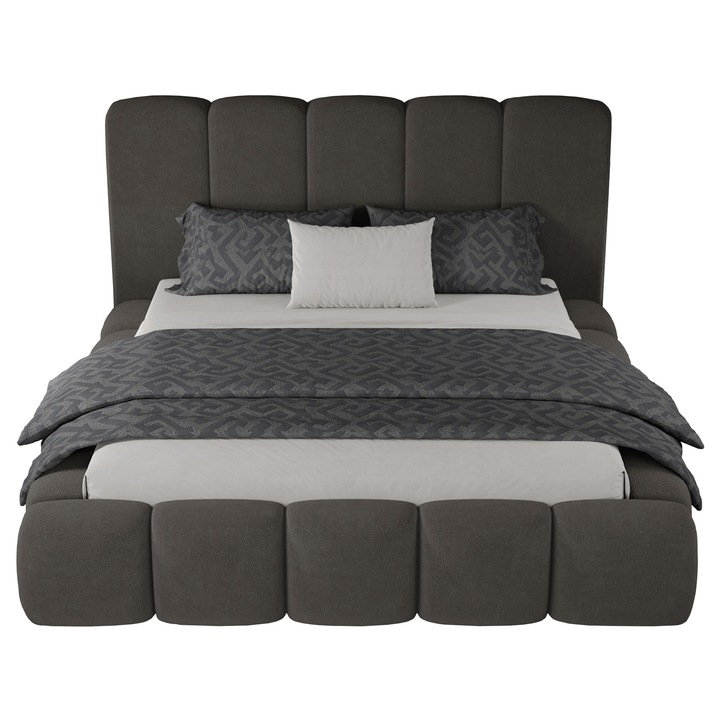 Pat dublu tapitat Nuvole Premium, cadru lemn si pal, 140x200 cm, velvet, maro inchis, cu somiera fixa