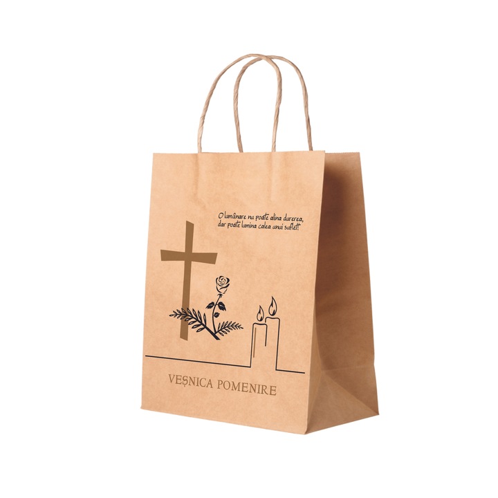 Set 500 bucati Punga hartie kraft NATUR pentru parastas, pomana, inmormantare „Lumanare si Trandafir” Vesnica Pomenire – manere rasucite – 27 x 36(H) x 11 cm