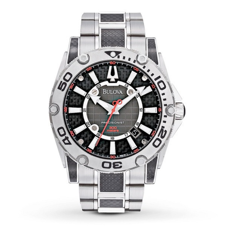 Férfi karóra, Bulova Precisionist Champlain, fekete, 46mm, rozsdamentes acél, rozsdamentes acél szíj karbon díszítéssel