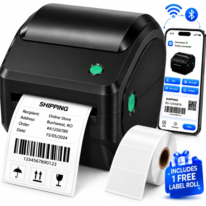 Mini imprimanta termica, Excitat®, Portabila, WiFi, Bluetooth, USB, Imprimanta de etichete, Aduceti o rola de hartie pentru etichete, 152 mm/s, 203 DPI, dimensiunea hartiei de la 30 mm la 108 mm, Compatibil cu Windows, Mac, Linux, Android, IOS