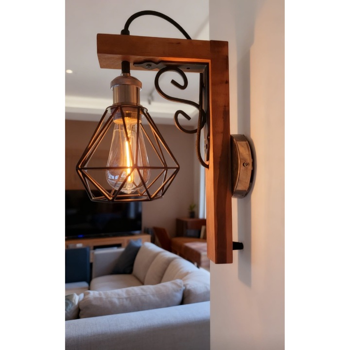 Aplica de perete vintage cu suport din lemn și abajur geometric metalic, negru, E27