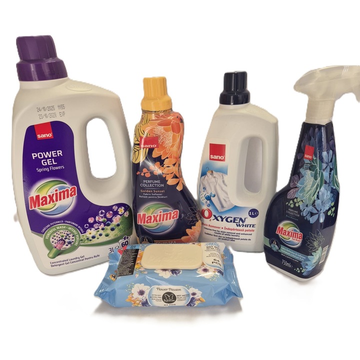 Sano Maxima gél mosószer csomag 3l+Sano Maxima öblítő 1l+Sano Oxygen gél folttisztító 1l+Sano Maxima textilspray 750ml+nedves törlőkendő 64 db/csomag ajándék