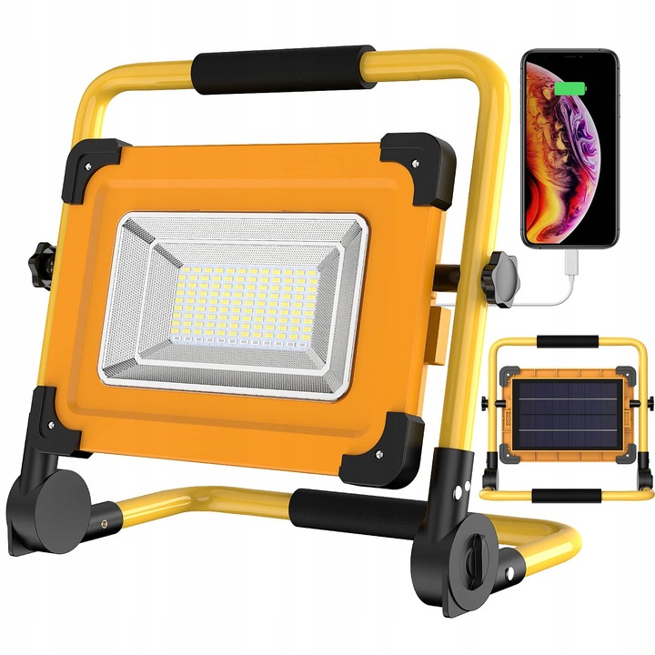 Hordozható napelemes LED reflektor 120 LED, 6000K, 14000mAh, 4 mód, IP65, kempingezéshez és autójavításhoz