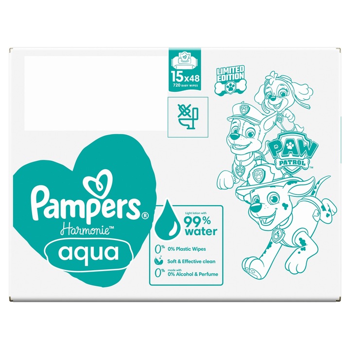 Servetele umede Pampers Harmonie Aqua, set 15 x 48 bucati, fara alcool, dermatologic testate