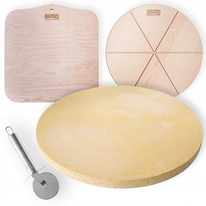 VIAGGIO pizza sütő szett, 35 cm-es tűzálló kő, 35 cm-es deszka, 35x37 cm-es lapát, kés, eBook