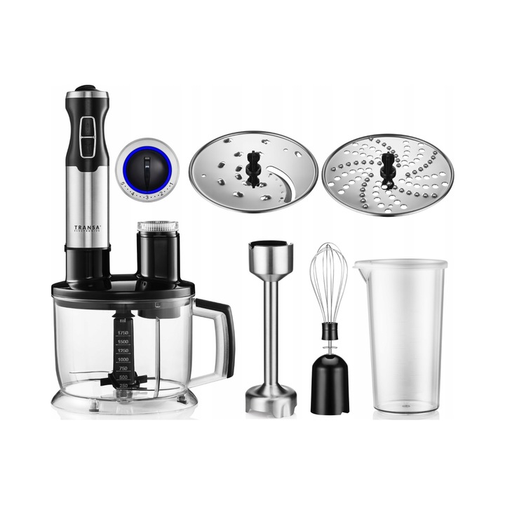 Ръчен пасатор Transa Electronics Simply Fresh, 1200W, комплект 4в1, 2 диска от неръждаема стомана, 600мл, 1750мл
