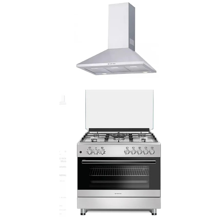Pachet Aragaz mixt FE90/60 Multifunctional 90 cm + Hota decorativa Kamino inox, 90 cm Studio Casa, Cuptor electric, 5 arzatoare gaz, 90 x 60 cm, Rotisor, Inox