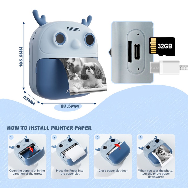 Aparat foto instant pentru copii, 96 MP, 1080p, set creativ cu stickere si markere, 32 GB