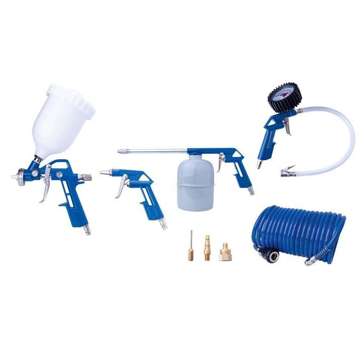Set accesorii aer comprimat Scheppach, 8 piese, pistol vopsit cu rezervor 0.6l, furtun 5m