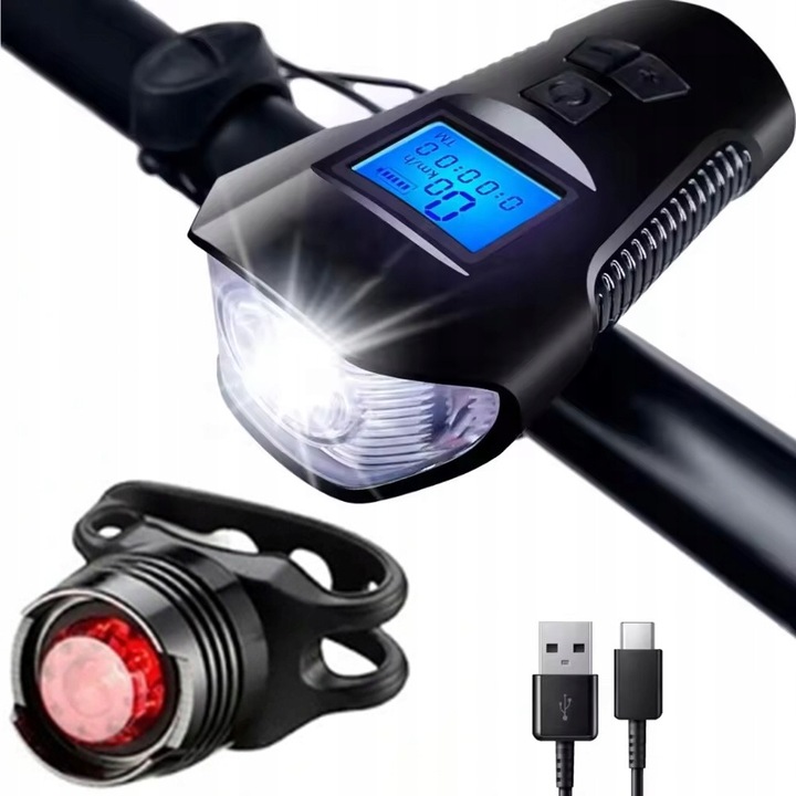 2x LED kerékpár lámpa szett sebességmérővel és csengővel, fekete, méretek 10,5x6x4,5cm és 2,5x3cm