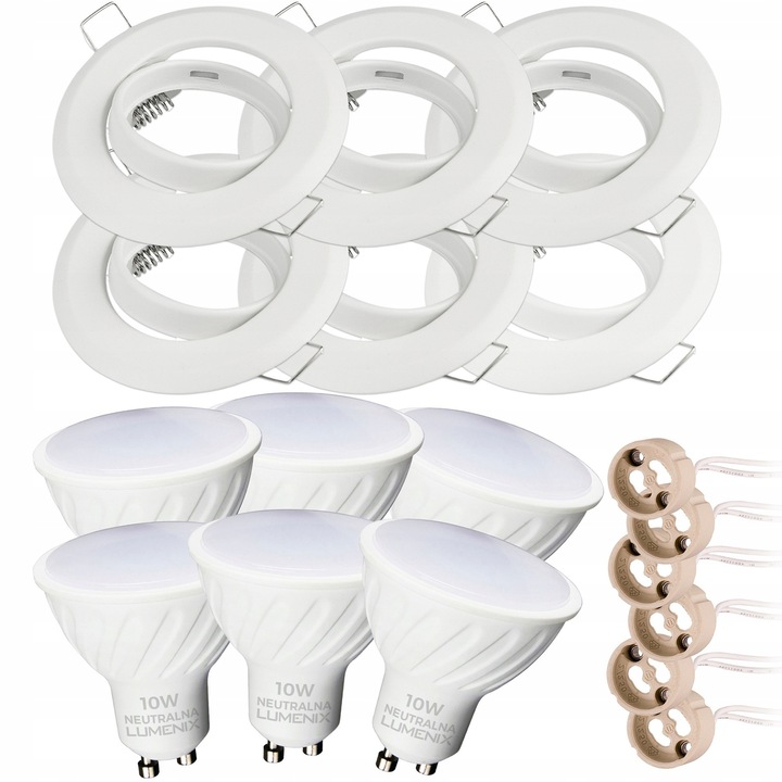Комплект 6x LED лунички Lumenix GU10 10W неутрална светлина, бели, размери 50x53mm