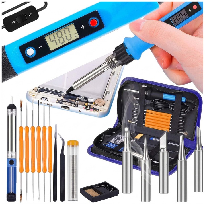 Set de Lipit Letcon Electric, Revento®, 80W, Afisaj LCD, Temperatura Reglabila 180-500 °C, 5 Varfuri, Pompa Desoldering, Cositor, Suport, Cleste, 2 Pensete, Trusa Organizator, Negru/Albastru
