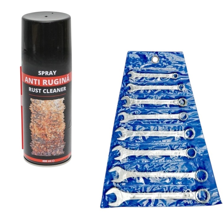 Set 8 chei combinate - M6/M8/M10/M12/M13/M14/M17/M19 - .otel carbon, inclinatie 15* capete cheie, uz casnic/profesional cu Spray tehnic anti rugina, 400 ml