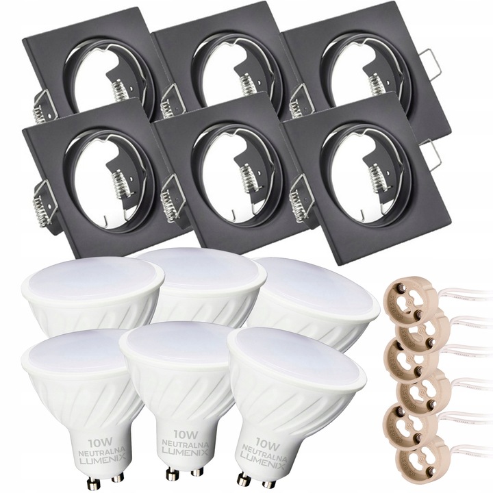 Комплект от 6 броя вградени лунички Lumenix, регулируеми, с LED крушки GU10 10W 4500K (неутрална), керамична фасунга, Черни